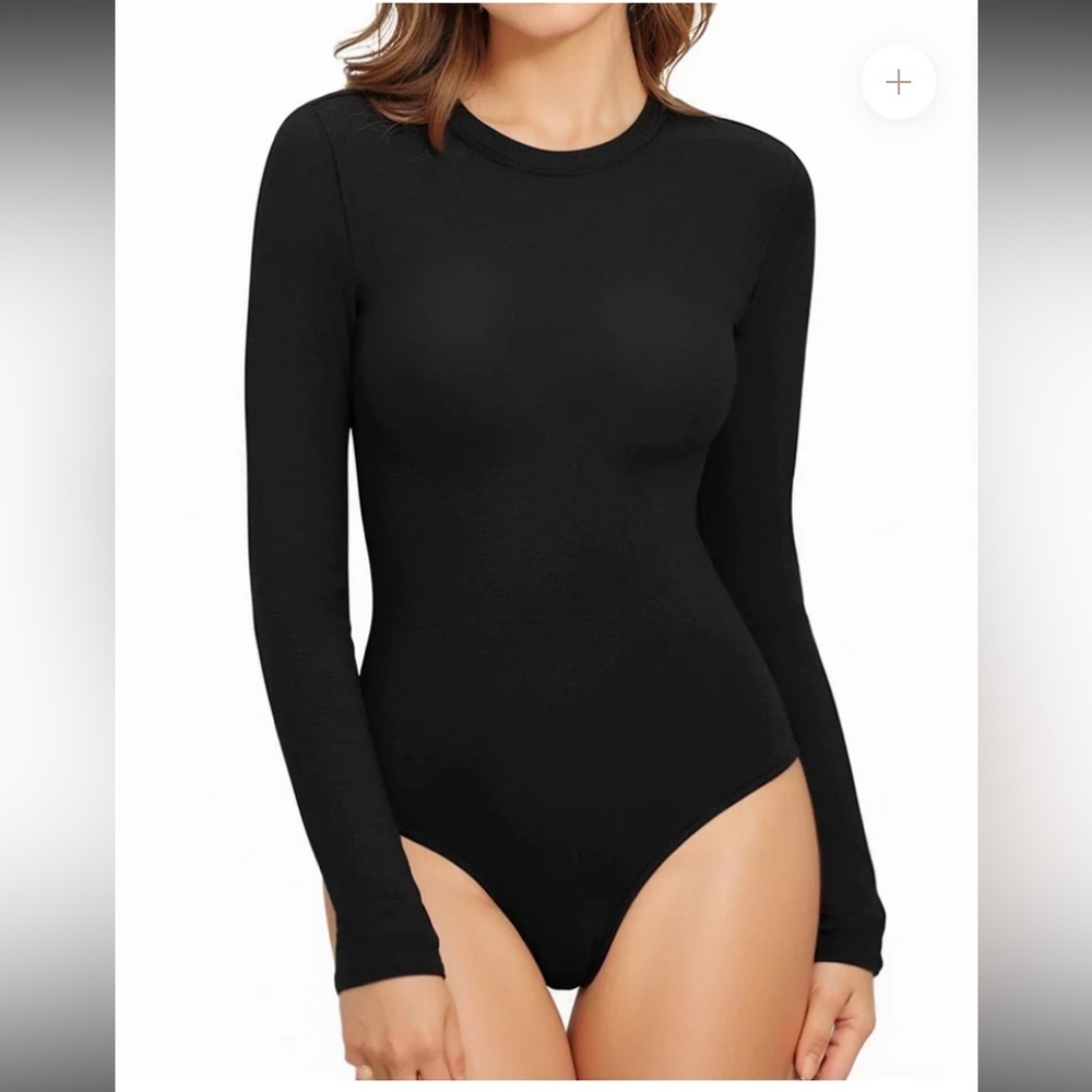 MANGOPOP NWT Black Crew Neck Long Sleeve Bodysuit T-Shirts Basic Tops MEDIUM
